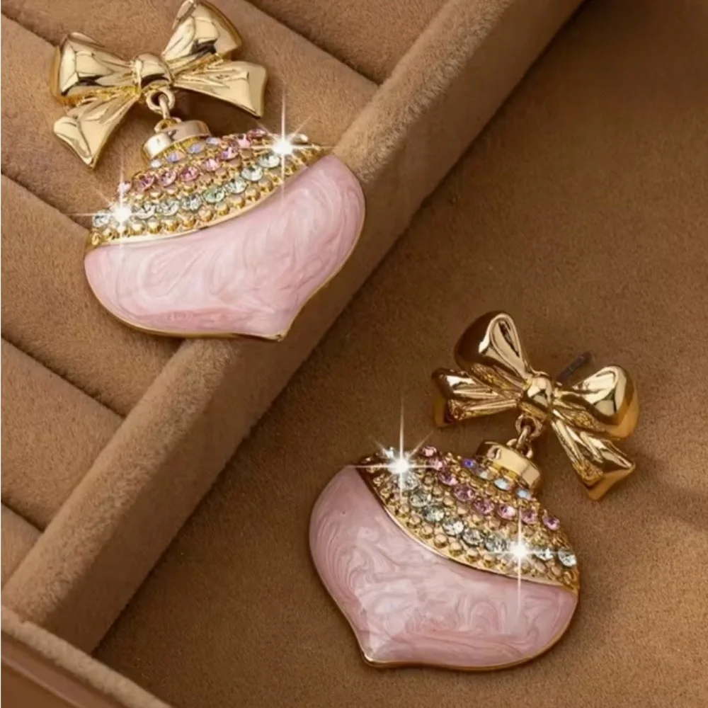Chic Gold and Pink Bow Earrings - Picture 1 of 3